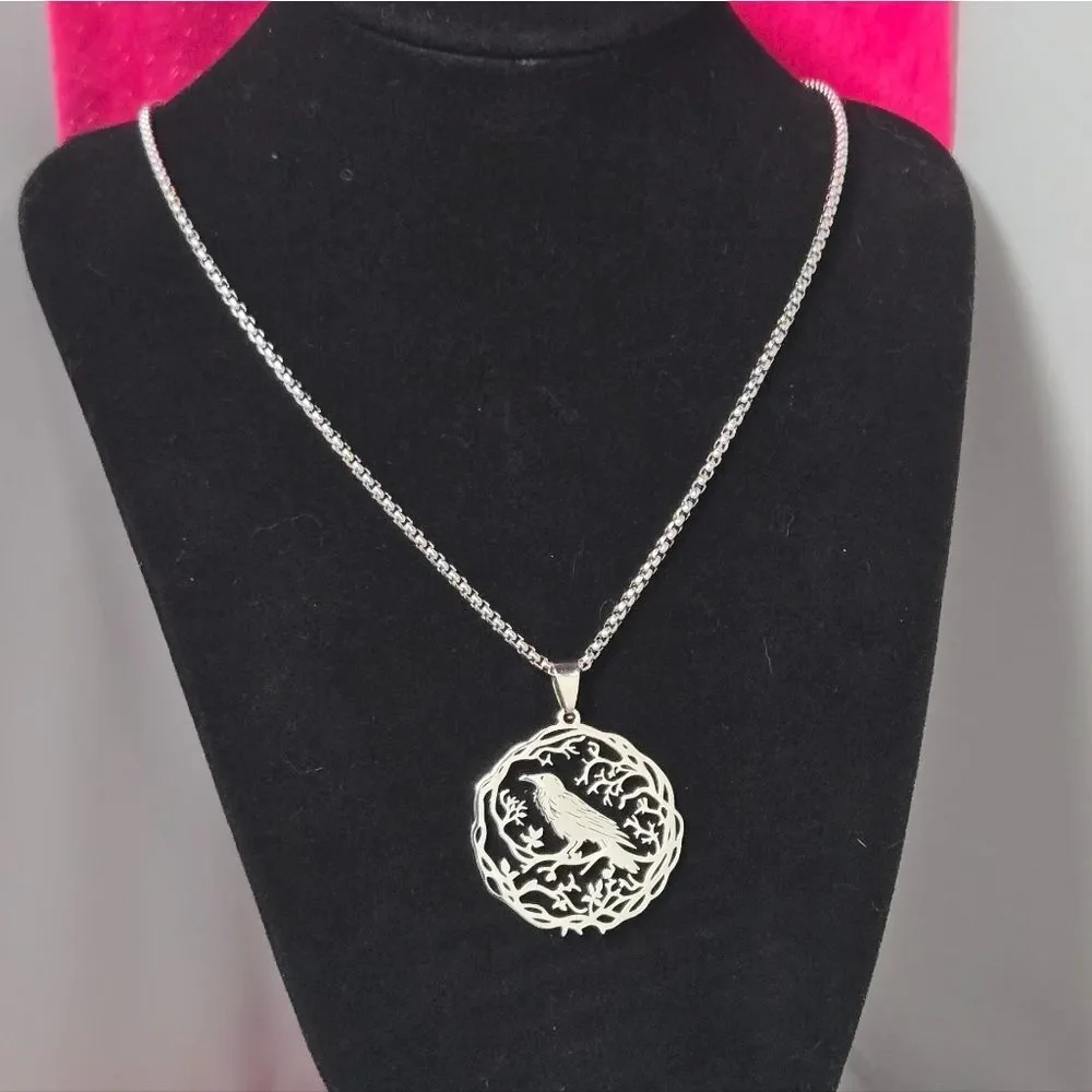 Stainless Steel Raven Crow Tree of Life Pendant Necklace 24